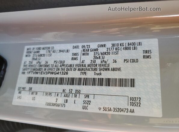 1FTVW1EV3PWG41326 2023 HONDA ODYSSEY Silver Вид наклейки з VIN-кодом