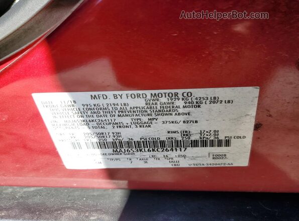 MAJ6S3KL6KC264117 2019 FORD ECOSPORT Красный Вид наклейки с VIN-кодом