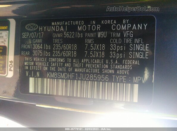 KM8SMDHF1JU285956 2018 HYUNDAI SANTA FE Серый Вид подкапотного пространства