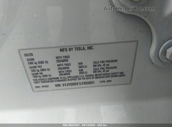 5YJYGDEE1LF033931 2020 TESLA MODEL Y Белый Вид подкапотного пространства