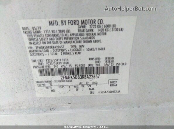 2FMGK5D83KBA22657 2019 FORD FLEX Белый Вид подкапотного пространства