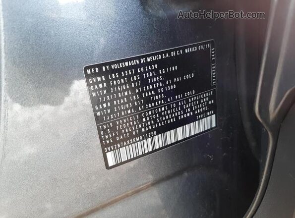 3VV2B7AX3KM011258 2019 VOLKSWAGEN TIGUAN Blue VIN sticker view