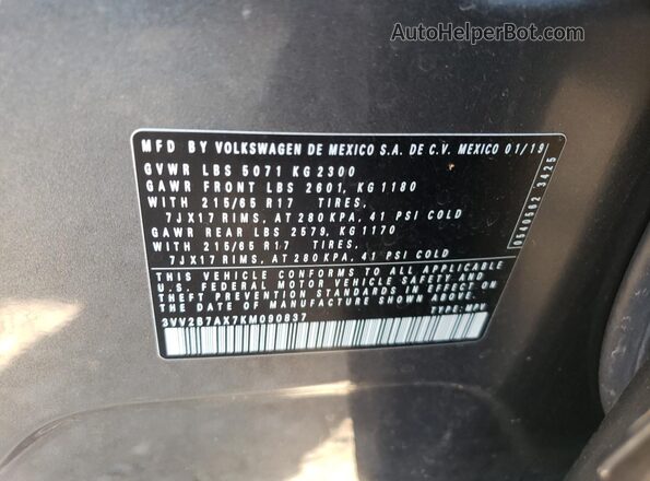 3VV2B7AX7KM090837 2019 VOLKSWAGEN TIGUAN Gray Widok naklejki z numerem VIN