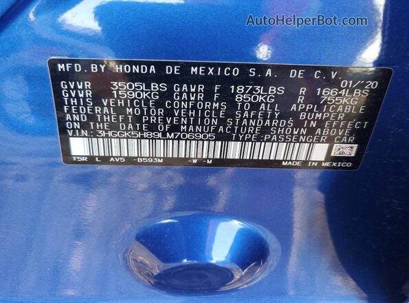 3HGGK5H89LM706905 2020 HONDA FIT Blue Widok naklejki z numerem VIN