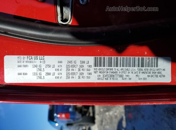 3C4PDCBB9KT773882 2019 DODGE JOURNEY Red 360 interior view
