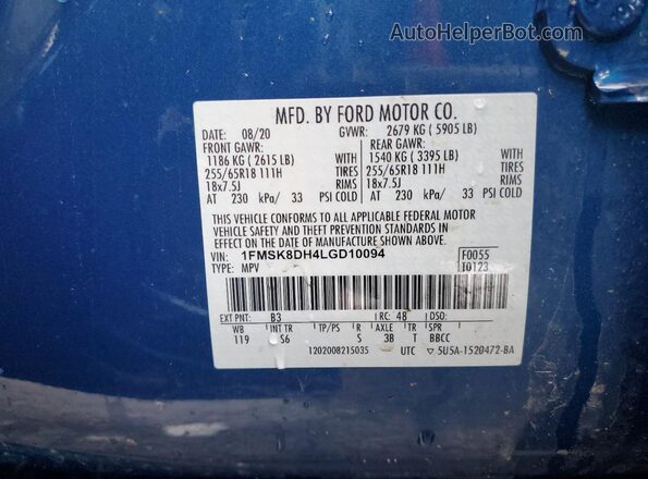 1FMSK8DH4LGD10094 2020 FORD FORD EXPLORER Blue Вид наклейки з VIN-кодом