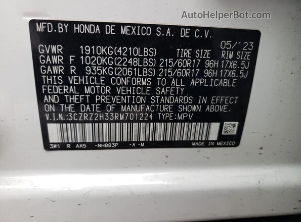 3CZRZ2H33RM701224 2024 HONDA HR-V Белый Вид наклейки с VIN-кодом