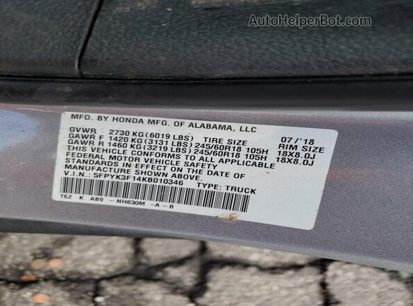 5FPYK3F14KB010346 2019 HONDA RIDGELINE Silver Widok komory silnika