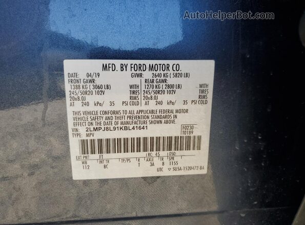 2LMPJ8L91KBL41641 2019 LINCOLN NAUTILUS Blue Вид наклейки з VIN-кодом