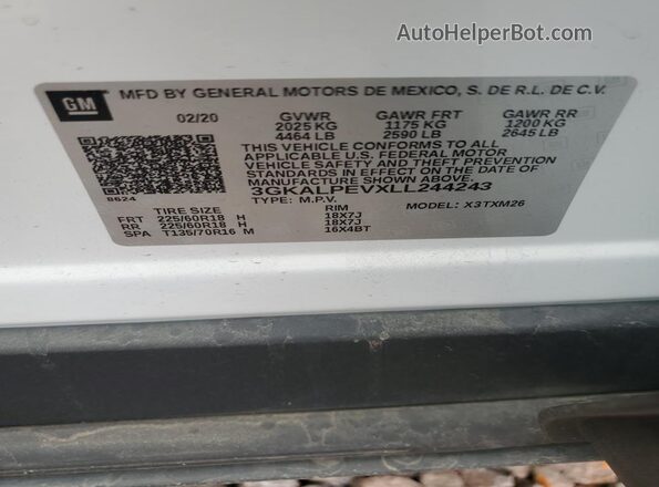 3GKALPEVXLL244243 2020 GMC TERRAIN White Vista del compartimento del motor