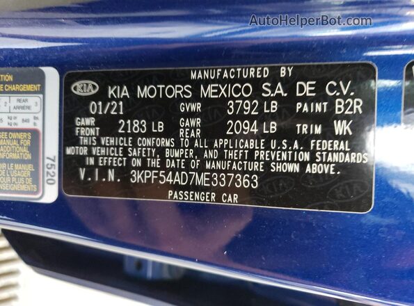 3KPF54AD7ME337363 2021 KIA FORTE Синий 