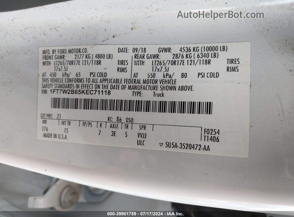 1FT7W2B65KEC71118 2019 FORD F-250 White Widok komory silnika