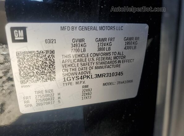 1GYS4PKL3MR310345 2021 CADILLAC ESCALADE Черный Вид наклейки с VIN-кодом