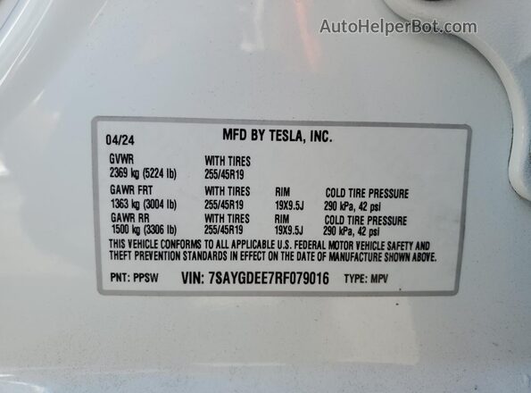 7SAYGDEE7RF079016 2024 TESLA MODEL White VIN կոդի պիտակի տեսք
