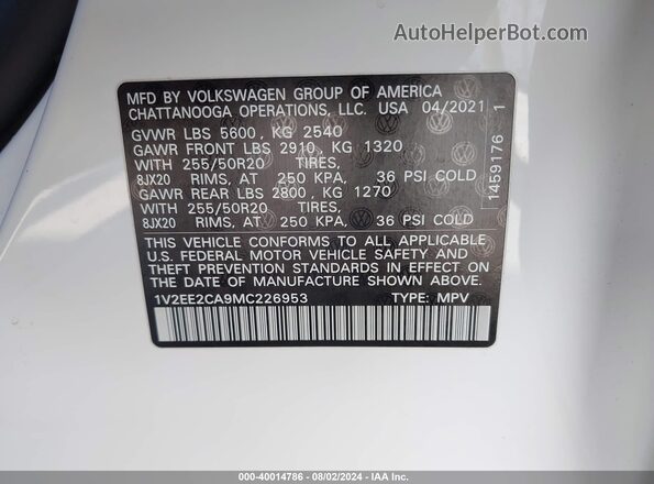 1V2EE2CA9MC226953 2021 VOLKSWAGEN ATLAS White ძრავის განყოფილების ხედი