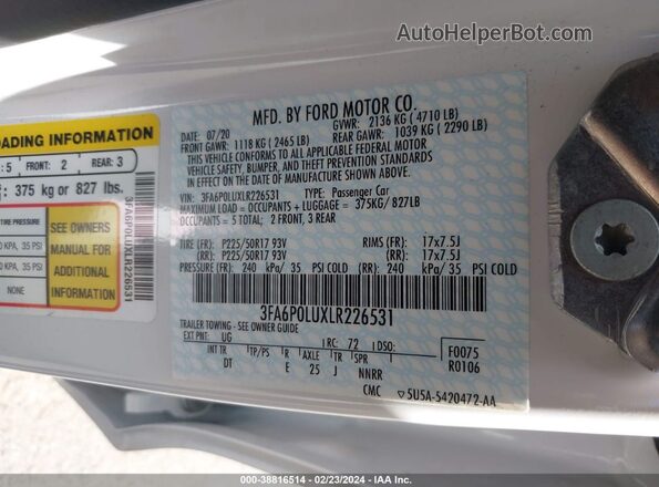 3FA6P0LUXLR226531 2020 FORD FUSION White Widok komory silnika