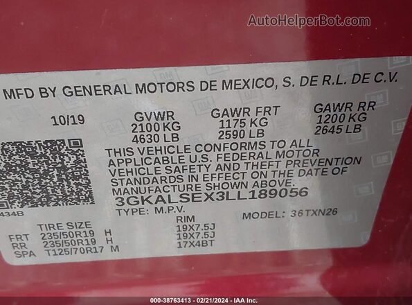 3GKALSEX3LL189056 2020 GMC TERRAIN Burgundy Вид підкапотного простору