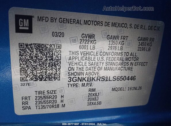3GNKBKRS1LS650446 2020 CHEVROLET BLAZER Blue Vista del compartimento del motor