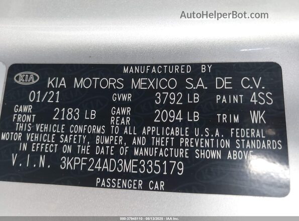 3KPF24AD3ME335179 2021 KIA FORTE Серебряный Вид подкапотного пространства