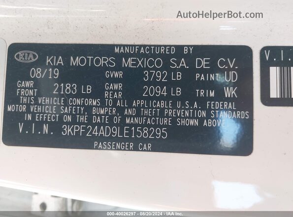3KPF24AD9LE158295 2020 KIA FORTE Белый Вид подкапотного пространства