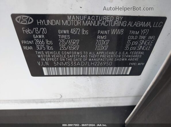 5NMS33AD7LH226950 2020 HYUNDAI SANTA FE Белый Вид подкапотного пространства