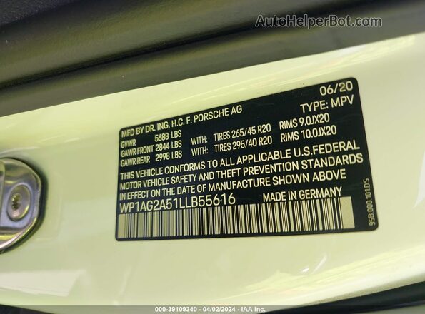 WP1AG2A51LLB55616 2020 PORSCHE MACAN Белый Вид подкапотного пространства