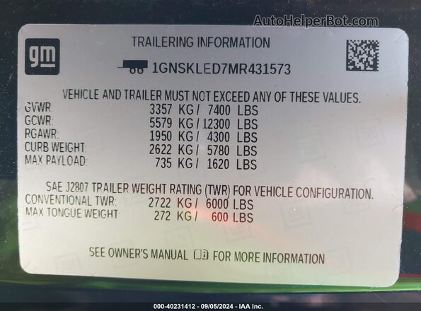 1GNSKLED7MR431573 2021 CHEVROLET TAHOE Black Вид підкапотного простору