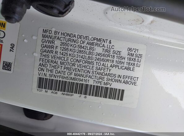 5FNYF6H53MB094161 2021 HONDA PILOT Белый Вид подкапотного пространства