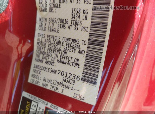 1N6ED0CE5MN701236 2021 NISSAN FRONTIER Red Widok komory silnika