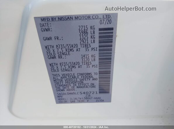 5N1DL0MN9LC540721 2020 INFINITI QX60 White Widok komory silnika