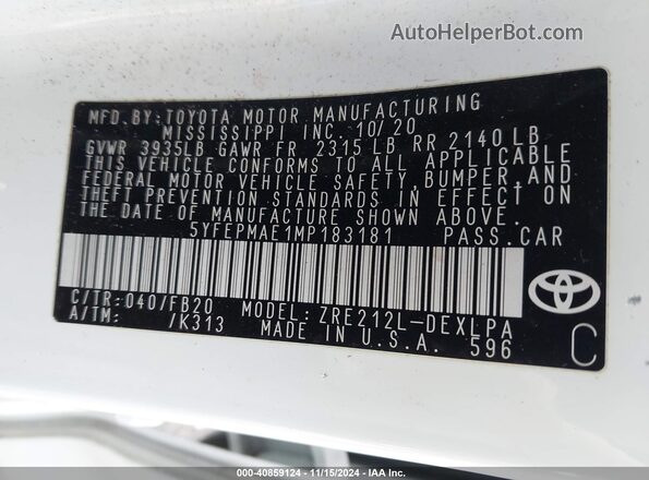 5YFEPMAE1MP183181 2021 TOYOTA LL Белый Вид подкапотного пространства