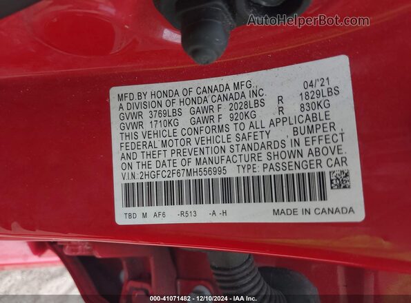2HGFC2F67MH556995 2021 HONDA CIVIC Red Widok komory silnika