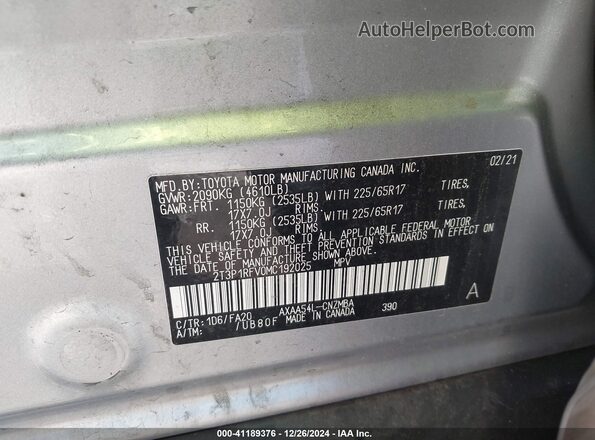 2T3P1RFV0MC192025 2021 TOYOTA LE Silver Widok komory silnika