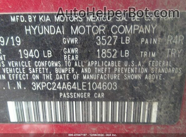 3KPC24A64LE104603 2020 HYUNDAI ACCENT Красный Вид подкапотного пространства