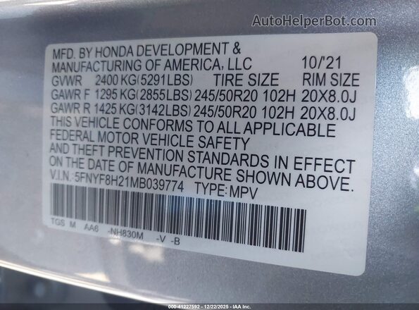 5FNYF8H21MB039774 2021 HONDA PASSPORT Серебряный Вид подкапотного пространства