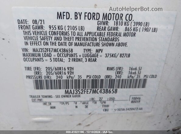 MAJ3S2FE7MC438658 2021 FORD ECOSPORT White Engine compartment view