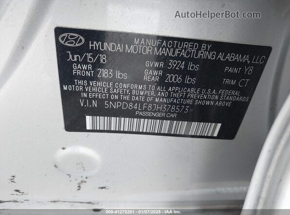 5NPD84LF8JH378573 2018 HYUNDAI ELANTRA Silver Vista del compartimento del motor
