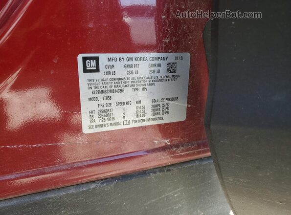 KL79MMS22MB140365 2021 CHEVROLET TRAILBLAZER Burgundy Widok naklejki z numerem VIN