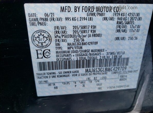 MAJ6S3GL8MC429709 2021 FORD ECOSPORT Черный Панорамный вид салона 360°