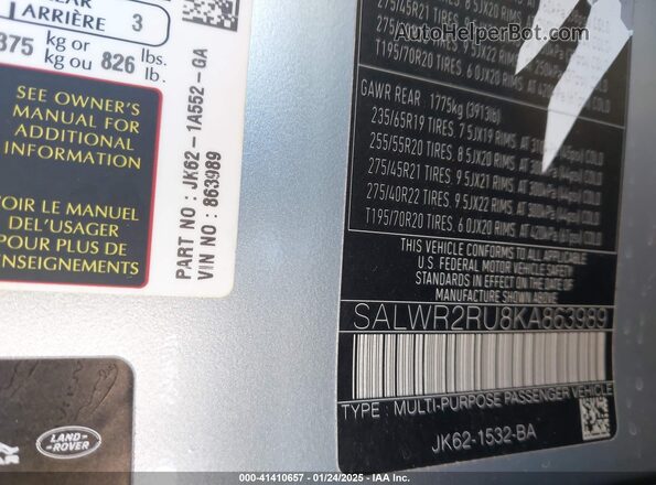 SALWR2RU8KA863989 2019 LAND ROVER RANGE ROVER SPORT Серебряный Вид подкапотного пространства