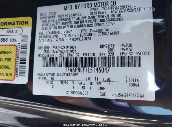1FA6P8CF1L5145047 2020 FORD MUSTANG Black Engine compartment view