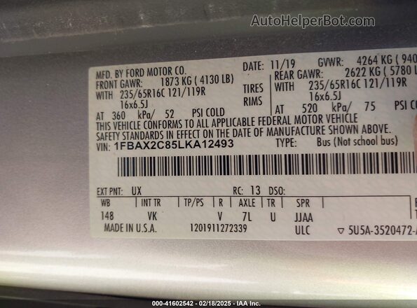 1FBAX2C85LKA12493 2020 FORD PASSENGER Silver Widok komory silnika