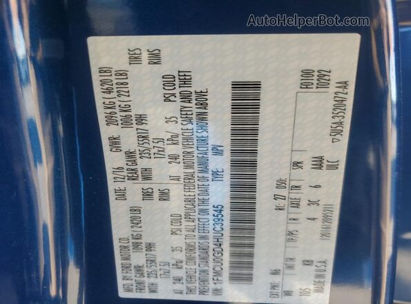 1FMCU0GD4HUC39545 2017 FORD ESCAPE Blue Widok naklejki z numerem VIN