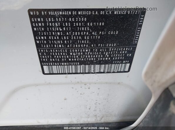 3VV2B7AX1MM070358 2021 VOLKSWAGEN TIGUAN White Vista del compartimento del motor