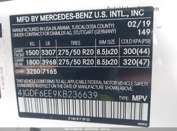 4JGDF6EE9KB236639 2019 MERCEDES-BENZ GLS White ძრავის განყოფილების ხედი