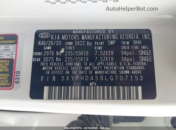 5XYPHDA59LG707153 2020 KIA SORENTO Белый Вид подкапотного пространства