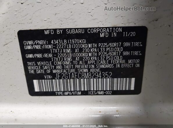JF2GTAEC8M8294352 2021 SUBARU CROSSTREK White Vista del compartimento del motor