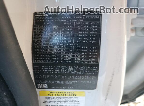 SADFP2FX1J1Z32312 2018 JAGUAR E-PACE White Widok naklejki z numerem VIN