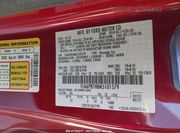 1FA6P8TH8M5101579 2021 FORD MUSTANG Red Շարժիչի բաժամունքի տեսք