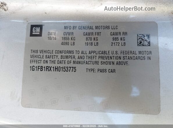 1G1FB1RX1H0153775 2017 CHEVROLET CAMARO Silver Vista del compartimento del motor